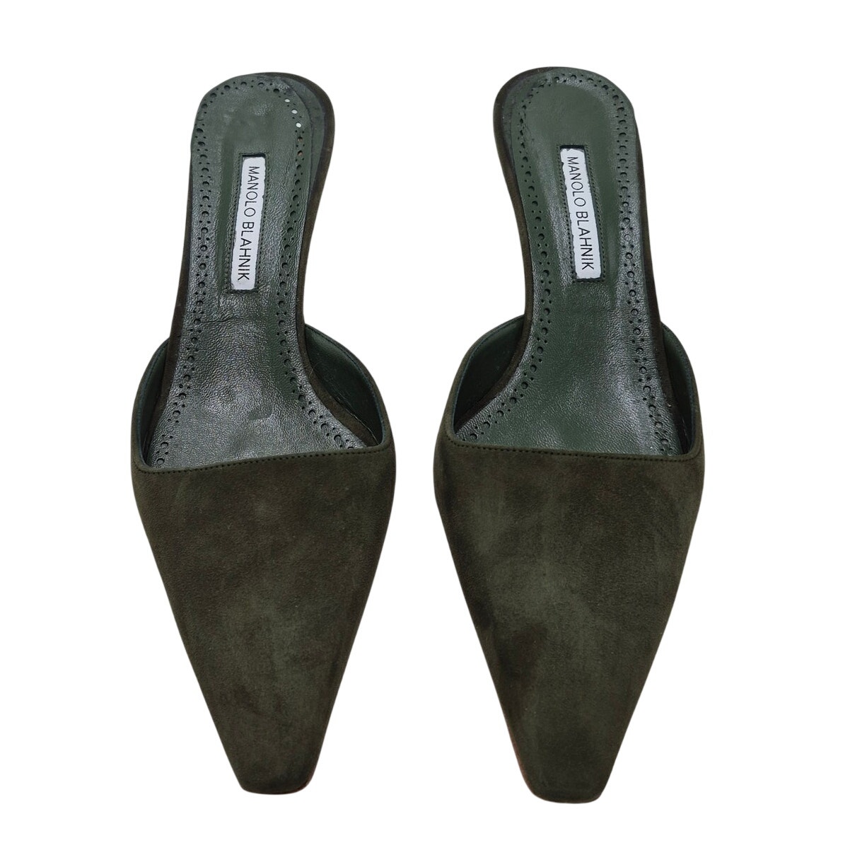 Manolo Blahnik Moiramu Kitten Heels 50 Suede Mules Green Size 39.5 Us 9.5